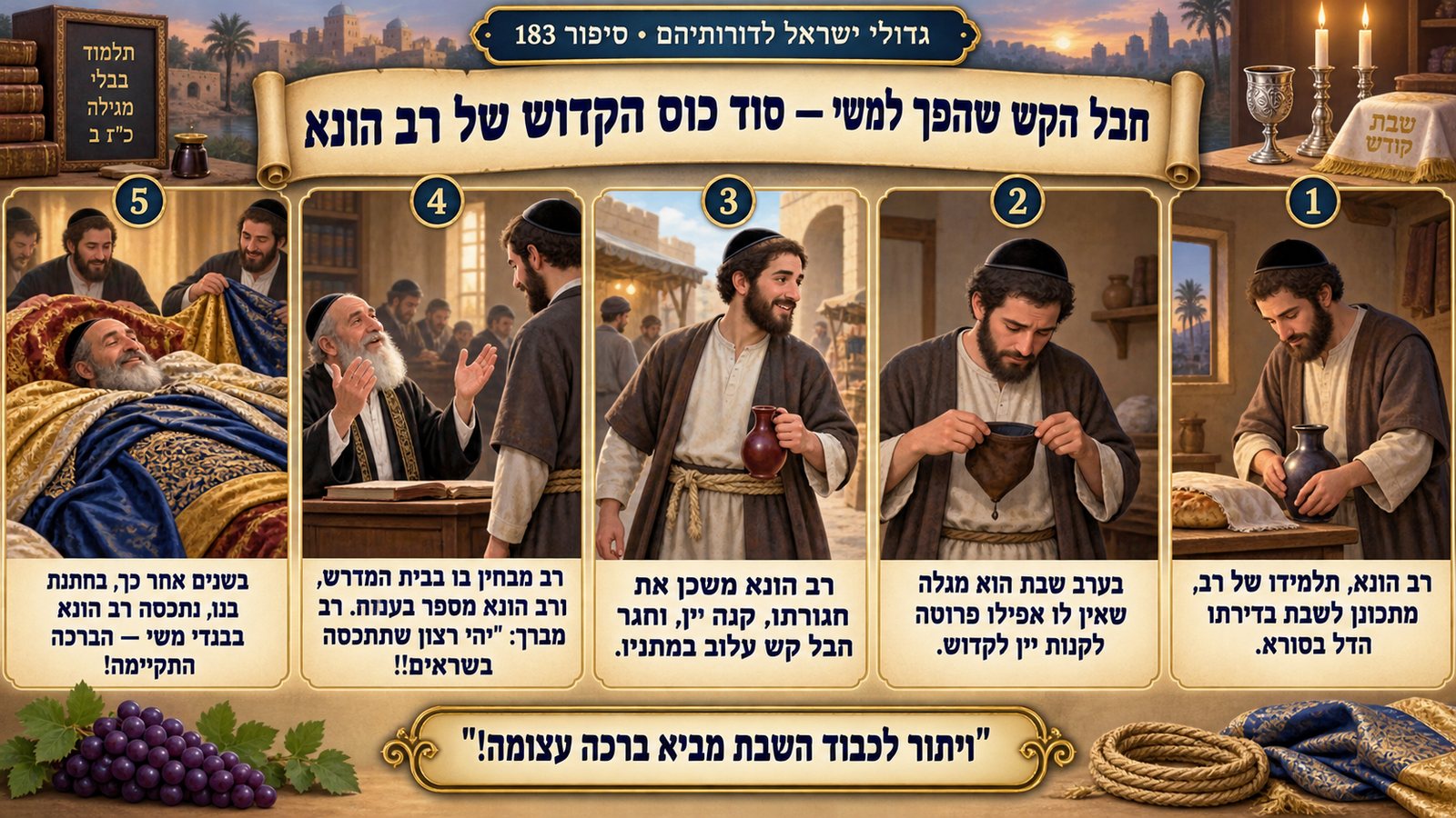 תמונת סיכום — רב הונא: חבל הקש שהפך למשי — סוד כוס הקדוש של רב הונא